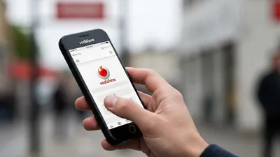 A person's hand holds a black smartphone displaying the Vodafone app, with a blurred street in the background.