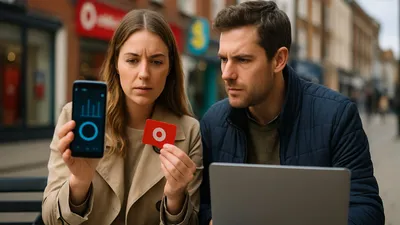 A woman holds a phone displaying data usage and a red card, while a man looks at a laptop.