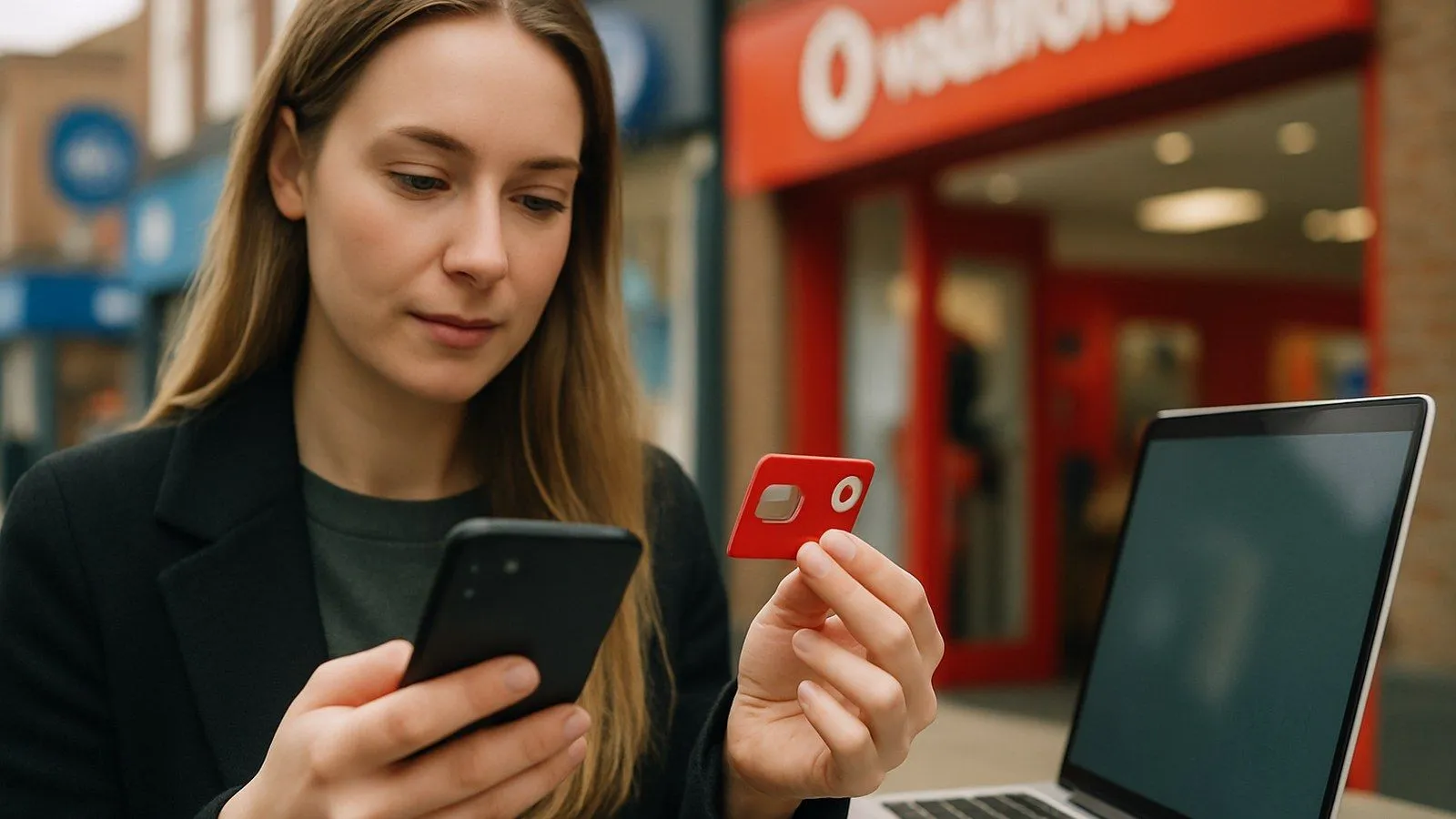 A woman holding a red SIM card and a smartphone, with a laptop and a red shopfront in the background.