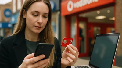 A woman holding a red SIM card and a smartphone, with a laptop and a red shopfront in the background.
