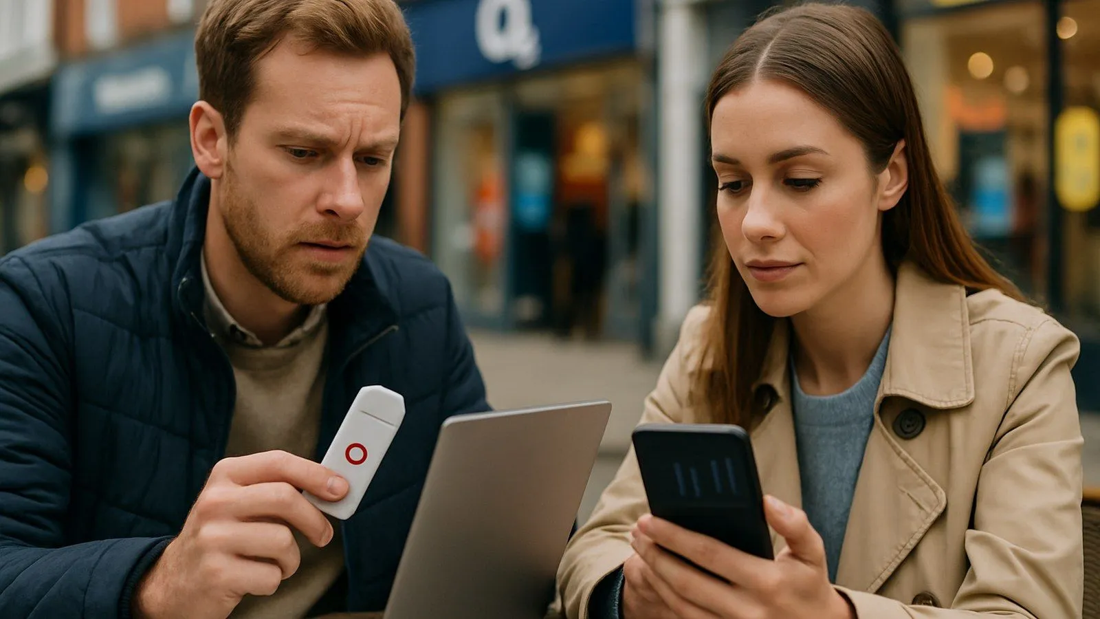 A man holds a white dongle while looking at a laptop, and a woman looks at her phone.
