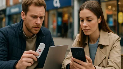 A man holds a white dongle while looking at a laptop, and a woman looks at her phone.
