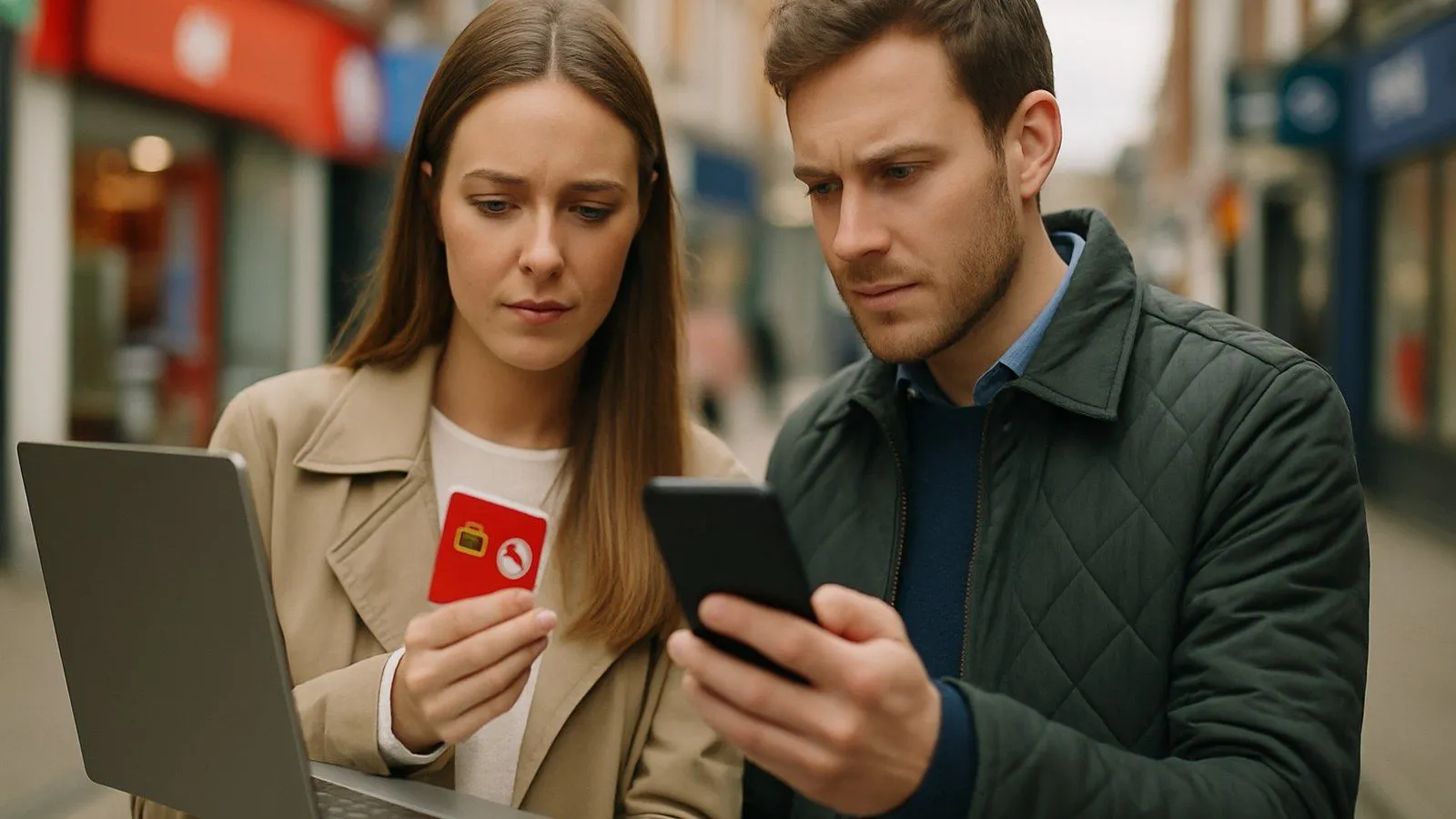 A man and woman looking at a smartphone and laptop, the woman holding a red card.