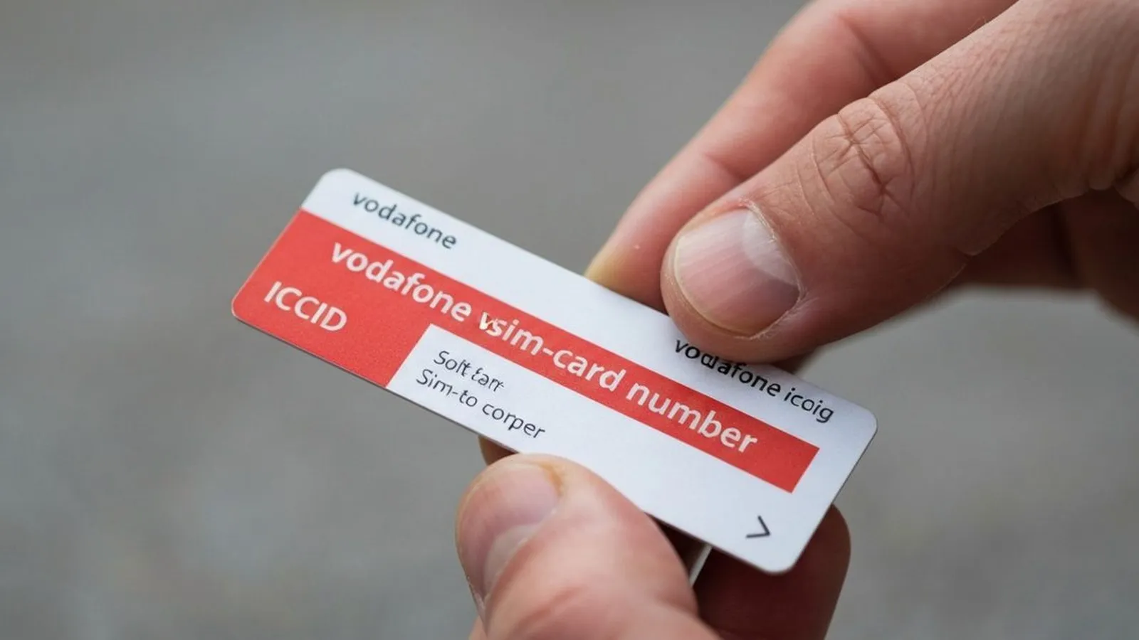 A person's hands holding a white and red Vodafone SIM card with 'SIM-card number' visible.