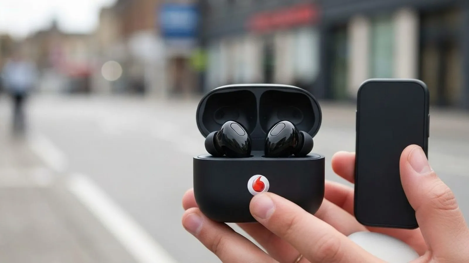 A person holds a black earbud charging case with two earbuds inside, next to a black smartphone, on a street.