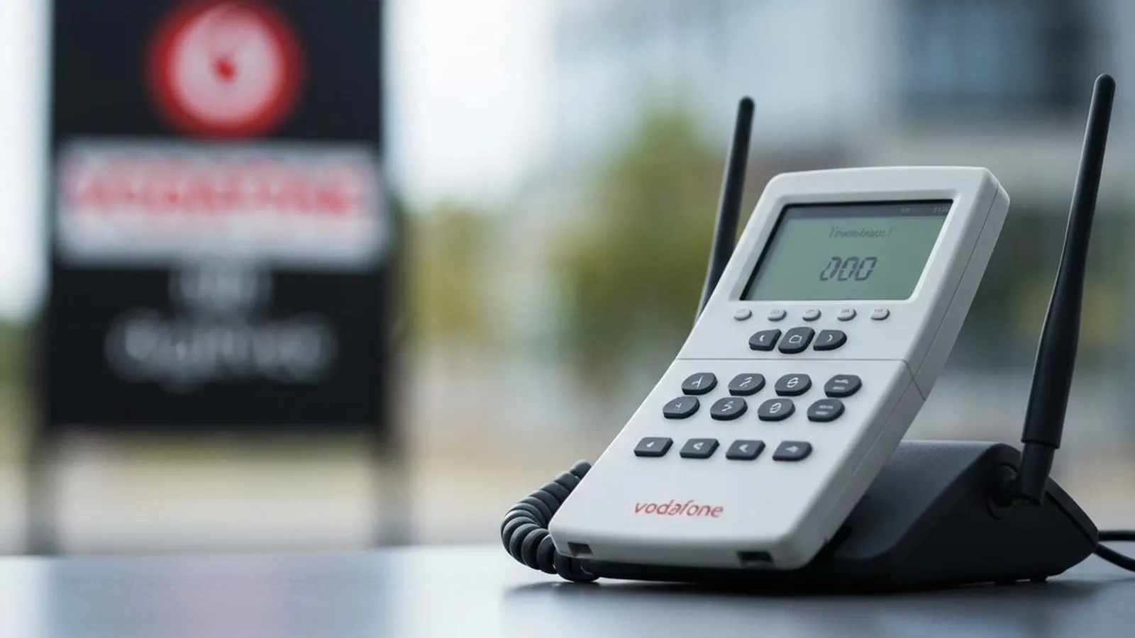 A white landline phone with a screen displaying '000' and a keypad, sitting on a black stand.