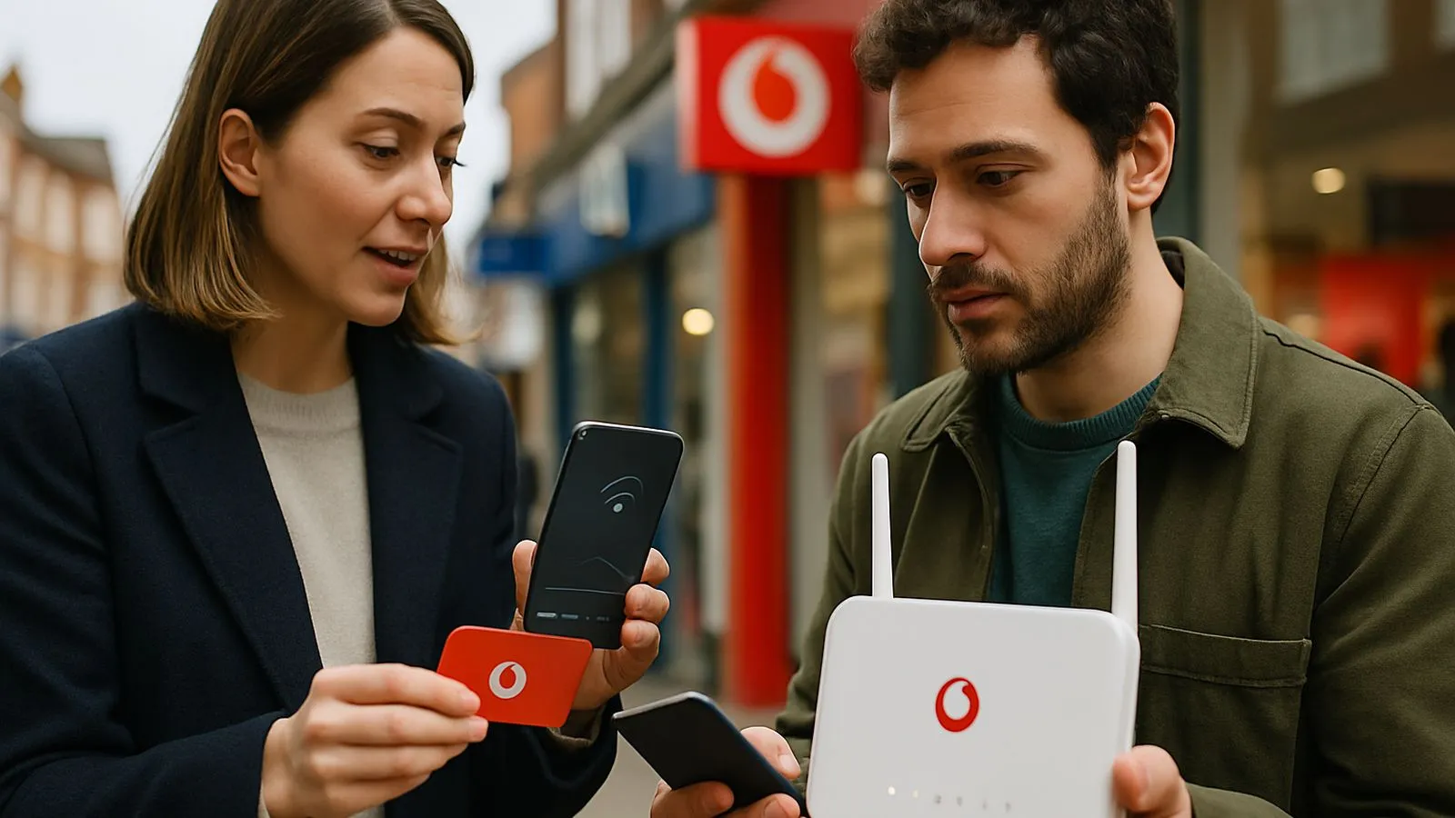 A woman and a man holding phones and a white router, looking at the devices.
