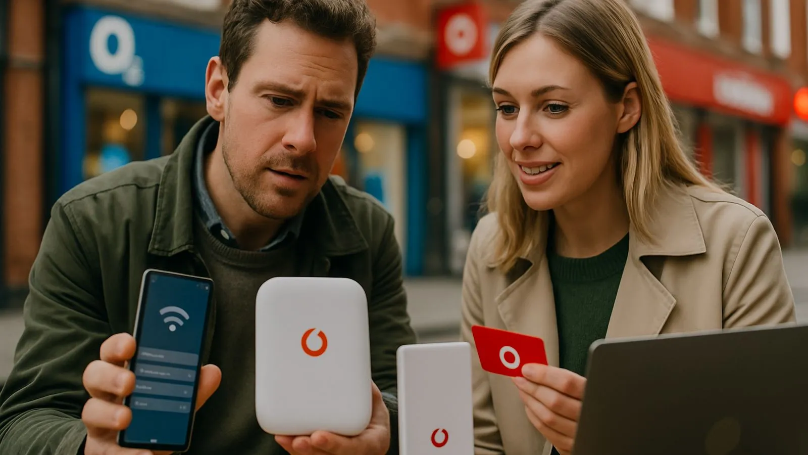 A man and woman sit outdoors, holding a mobile phone, two white WiFi boosters, and a red card.