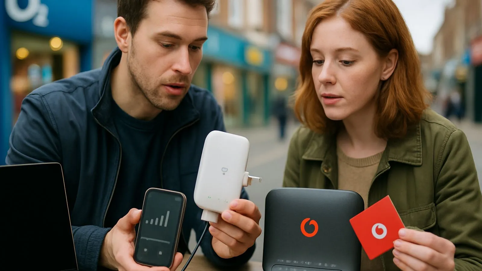 A man and woman examine a white WiFi extender, a smartphone displaying signal bars, and a black router.