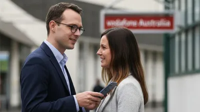 A man in glasses and a suit jacket talks to a woman holding a phone, both smiling outdoors.