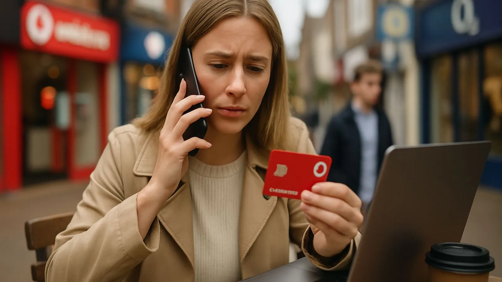A concerned woman on a phone call, holding a red card, with a laptop and coffee on a table outdoors.
