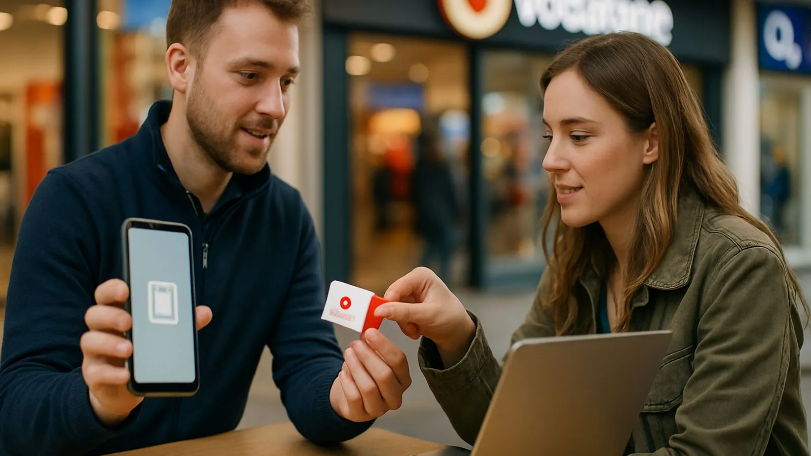 A man holds a smartphone with a SIM card icon, while a woman holds a physical SIM card.