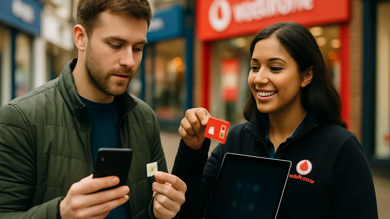 A man in a green jacket looks at his phone while a smiling woman holds up a red SIM card.