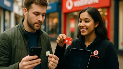 A man in a green jacket looks at his phone while a smiling woman holds up a red SIM card.