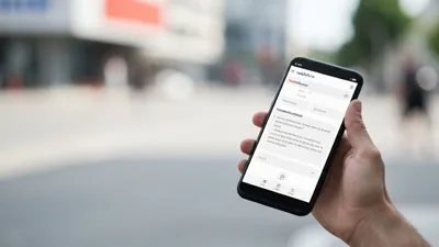 A person holds a smartphone displaying a mobile network app, with a blurred urban background.