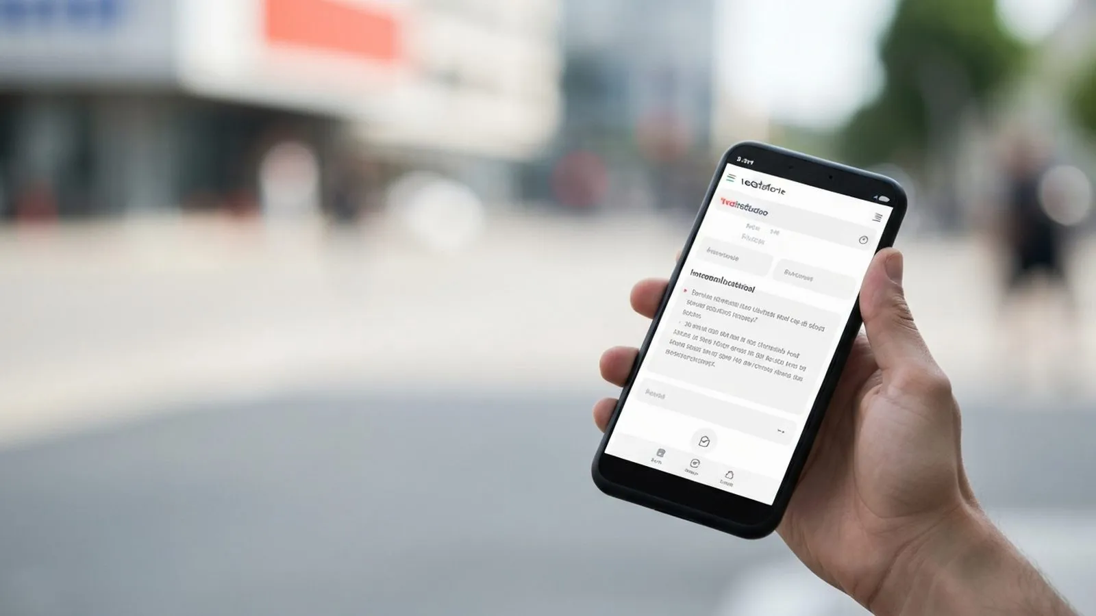A person holds a smartphone displaying a mobile network app, with a blurred urban background.
