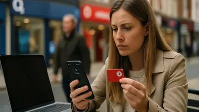 A woman with long hair, wearing a beige coat, looks intently at her phone and a red card.