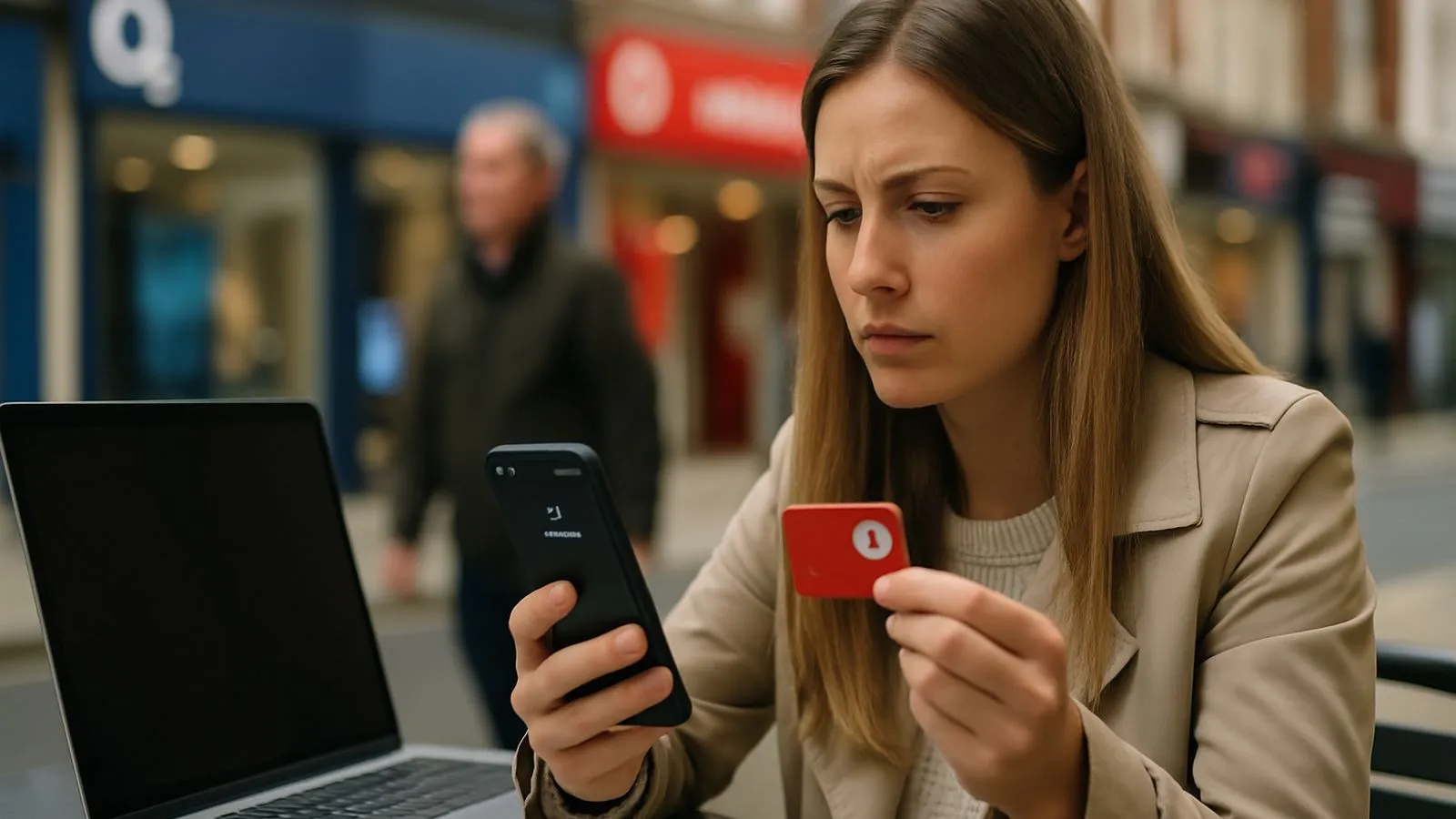 A woman with long hair, wearing a beige coat, looks intently at her phone and a red card.