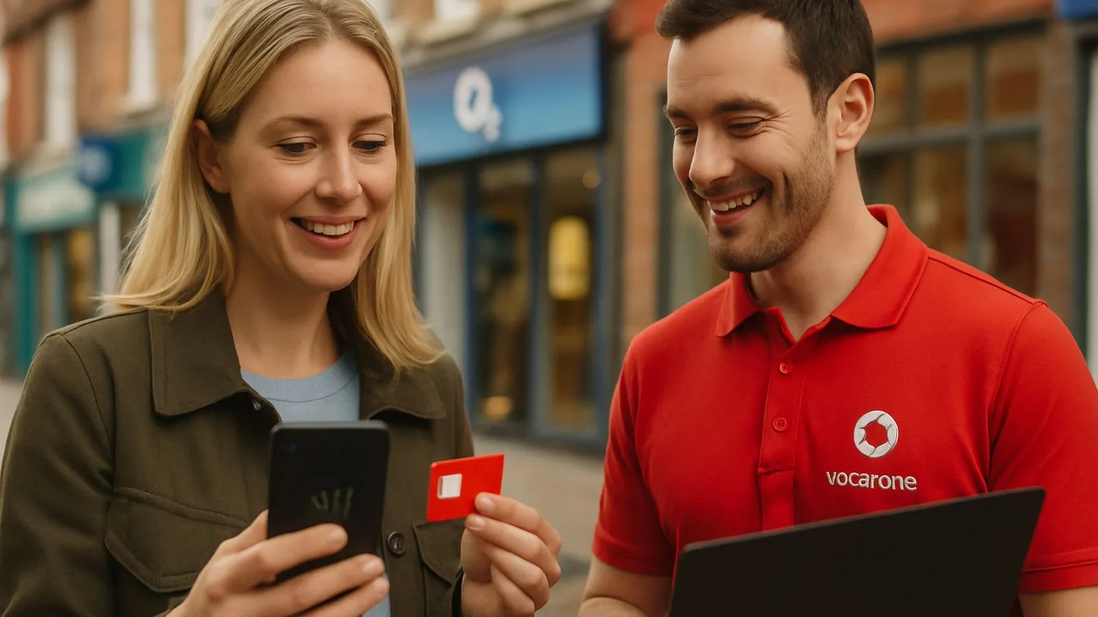 A smiling woman holding a phone and a red SIM card, looking at a man in a red polo shirt.