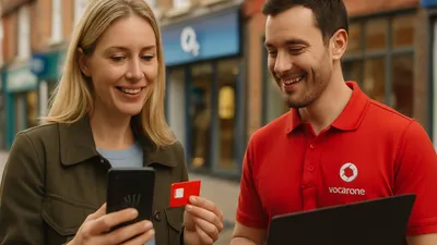 A smiling woman holding a phone and a red SIM card, looking at a man in a red polo shirt.