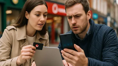 A woman in a trench coat holds a small card while looking at a laptop with a man. The man looks confused at his phone.