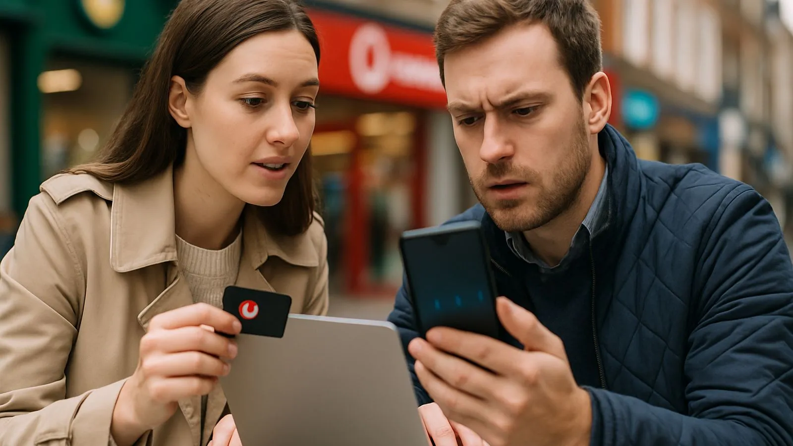 A woman in a trench coat holds a small card while looking at a laptop with a man. The man looks confused at his phone.