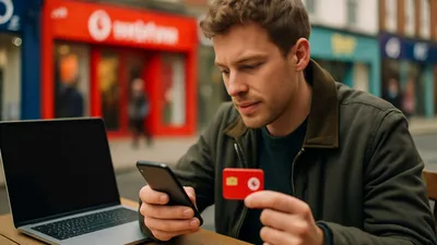 A man sits outdoors at a table with a laptop, holding a phone and a red card.