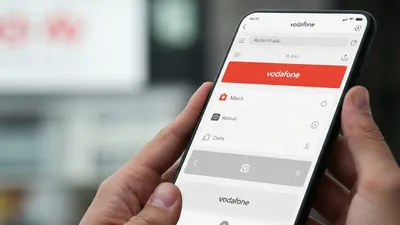 A person's hands holding a smartphone displaying the Vodafone app interface with a red button highlighted.
