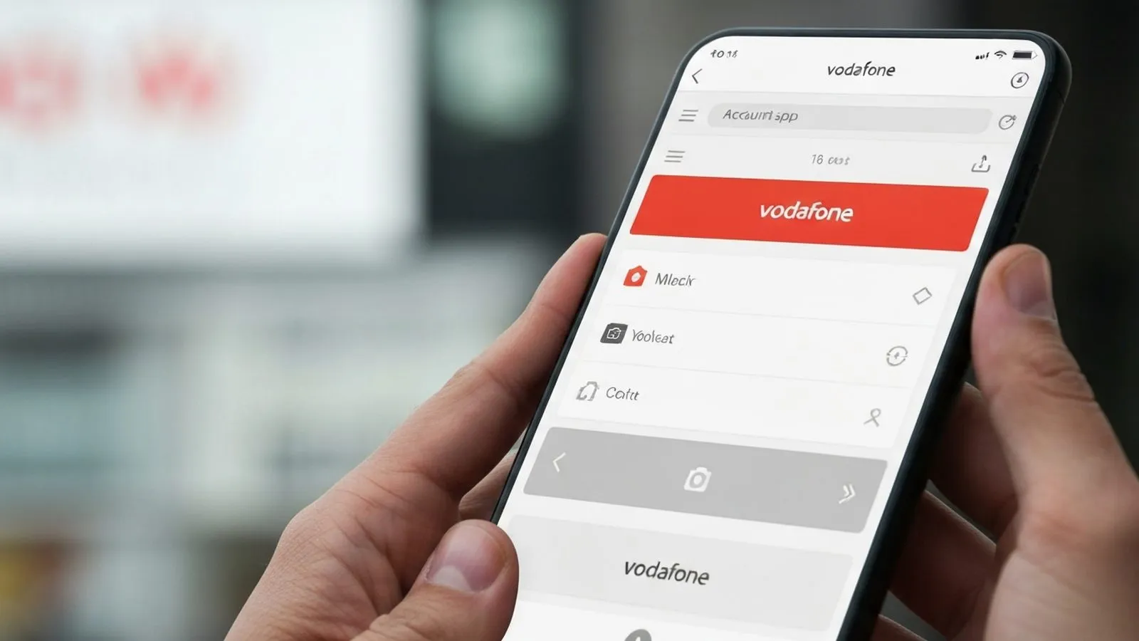 A person's hands holding a smartphone displaying the Vodafone app interface with a red button highlighted.