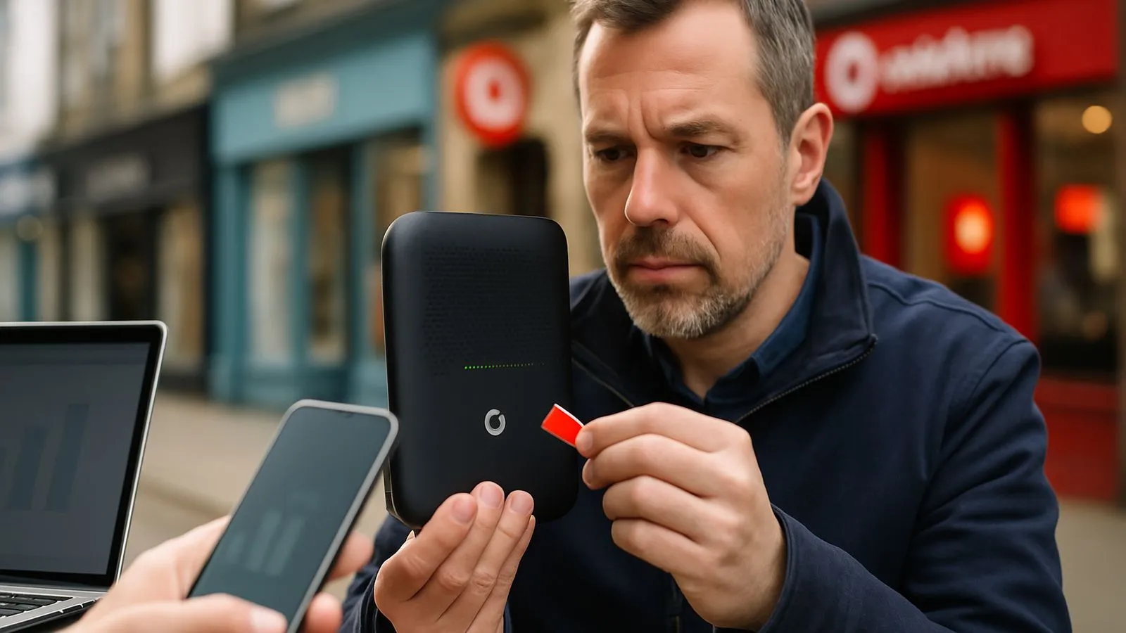 A man holds a black router and a red SIM card, with a laptop and phone nearby.