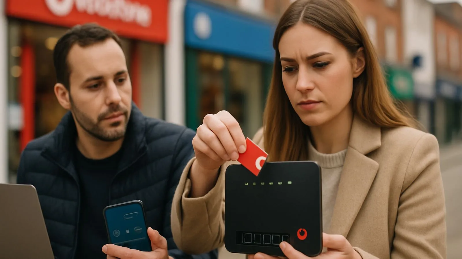 A woman inserts a red SIM card into a black WiFi router while a man looks on, holding a phone.
