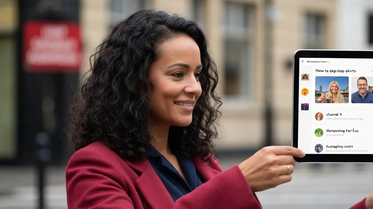 A smiling woman with dark curly hair holds a tablet displaying a list of articles, outdoors.
