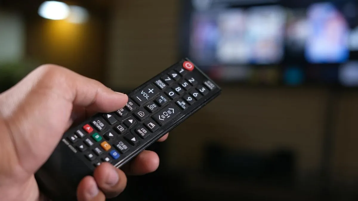 A hand holding a black TV remote control, with a blurred television screen in the background.