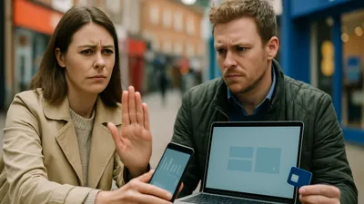 A woman holds up her hand in a 'stop' gesture, looking annoyed, next to a man with a laptop and phone.