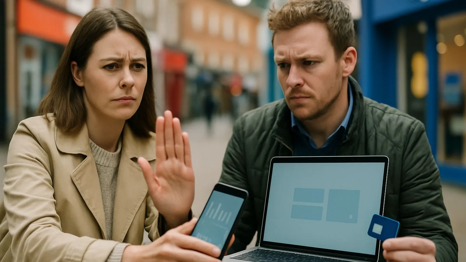 A woman holds up her hand in a 'stop' gesture, looking annoyed, next to a man with a laptop and phone.
