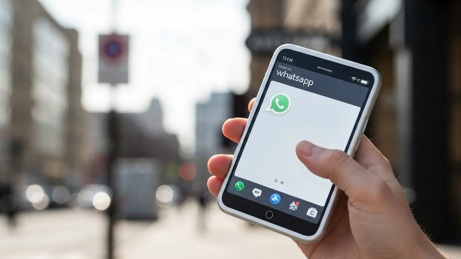 A person's hand holds a smartphone displaying the WhatsApp app on a blurred city street background.