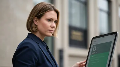 A woman with short blonde hair and a navy suit looks at a tablet with a green screen.