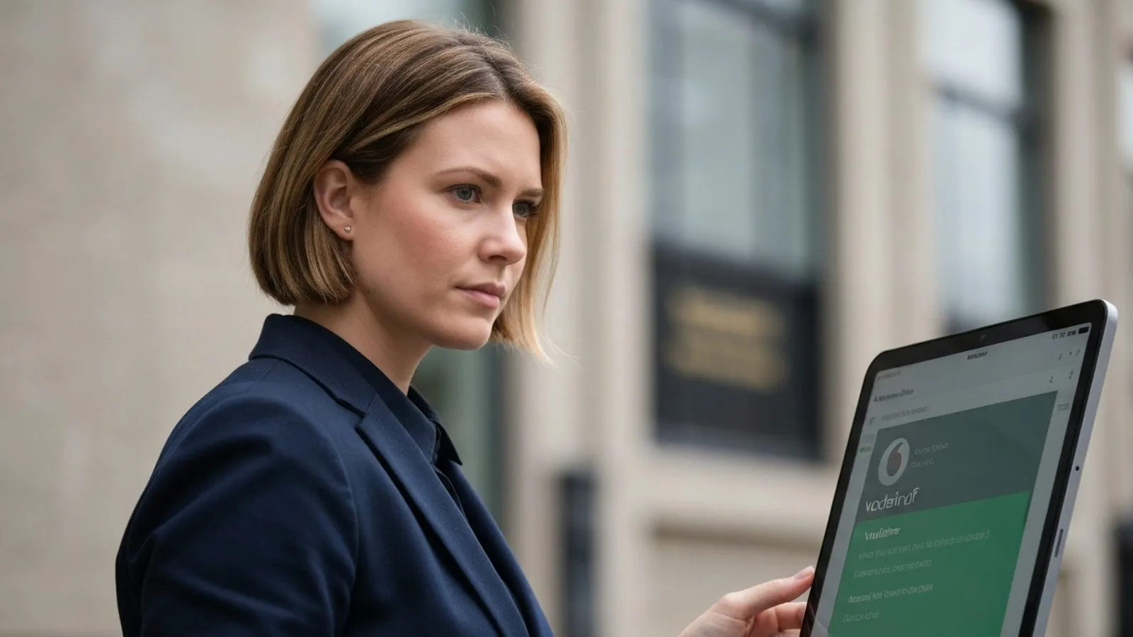 A woman with short blonde hair and a navy suit looks at a tablet with a green screen.