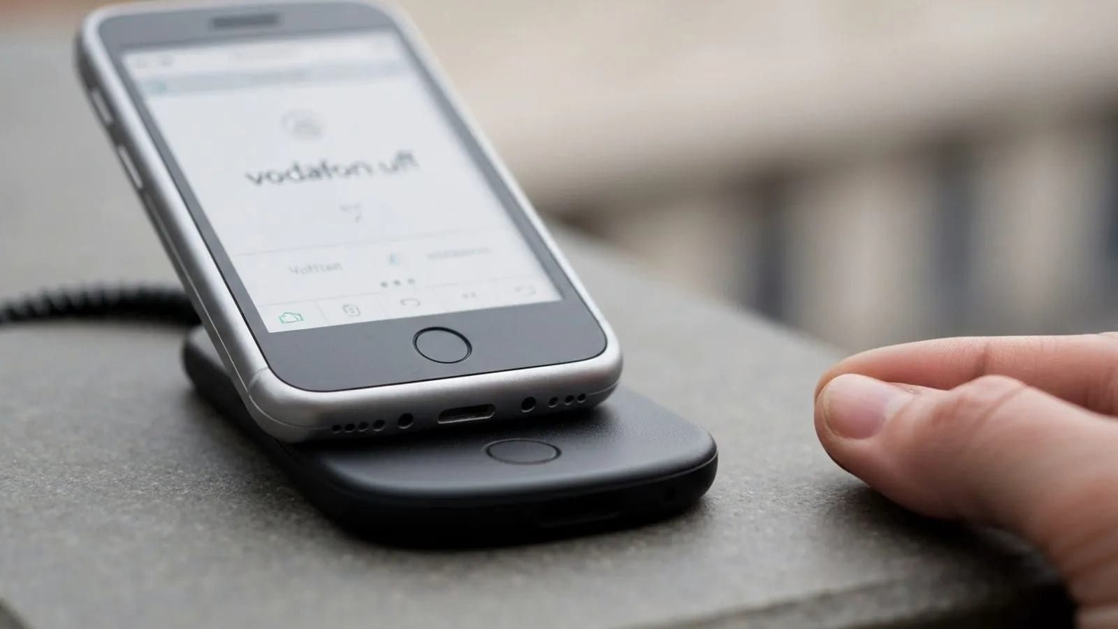 A silver smartphone with 'vodafone' on its screen, resting on a black wireless charger. A hand is nearby.