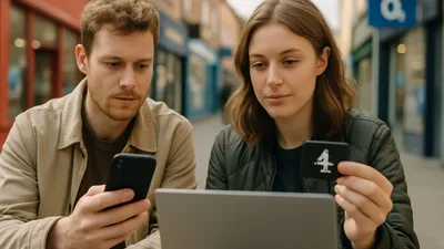 A man and a woman sit outdoors, looking at a phone, laptop, and a black card with a white number '4'.
