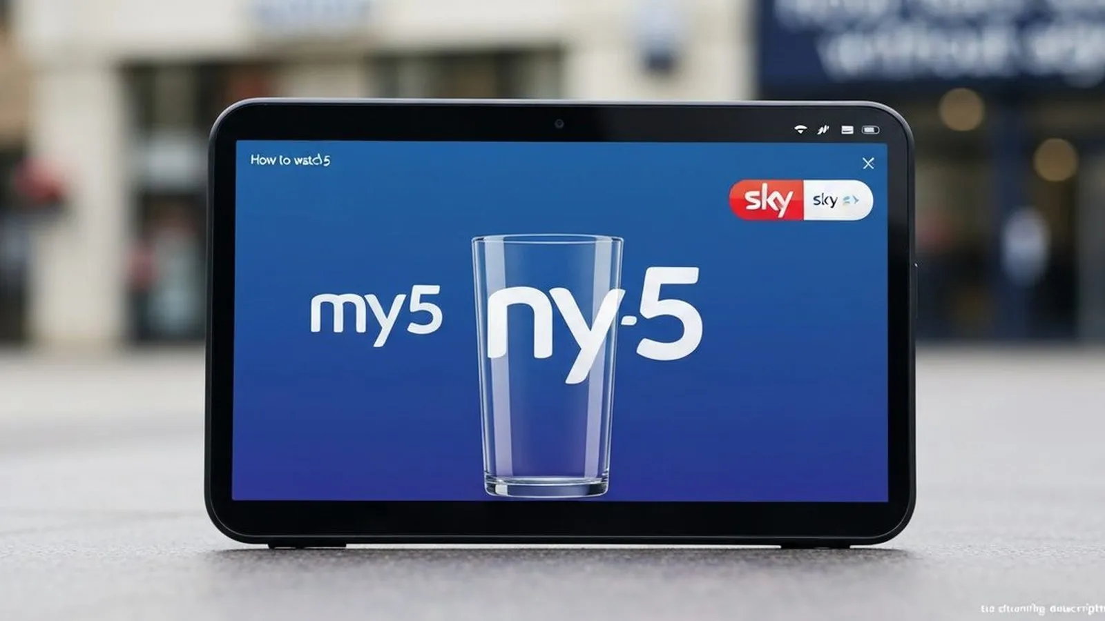 A tablet displays the My5 logo on a blue screen, with a glass obscuring part of the text.