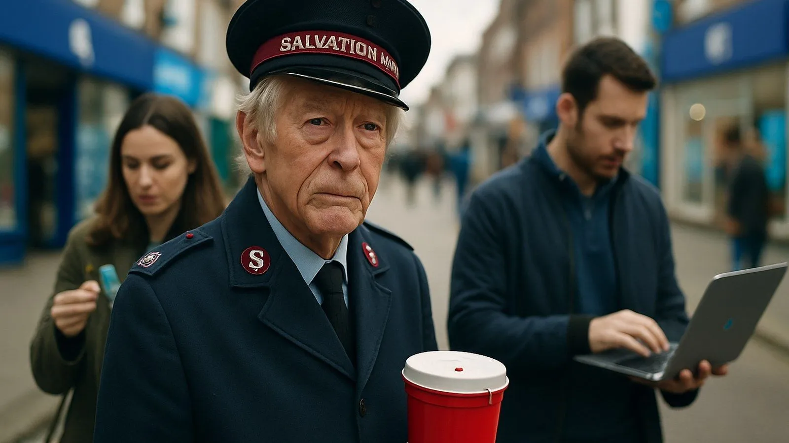 An elderly man in a Salvation Army uniform holds a collection bucket on a busy street.