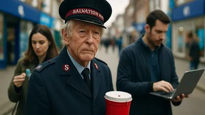 An elderly man in a Salvation Army uniform holds a collection bucket on a busy street.
