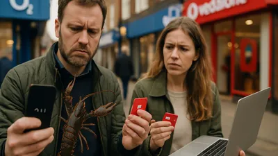 A man and woman look confused, holding a phone with a lobster, SIM cards, and a laptop.