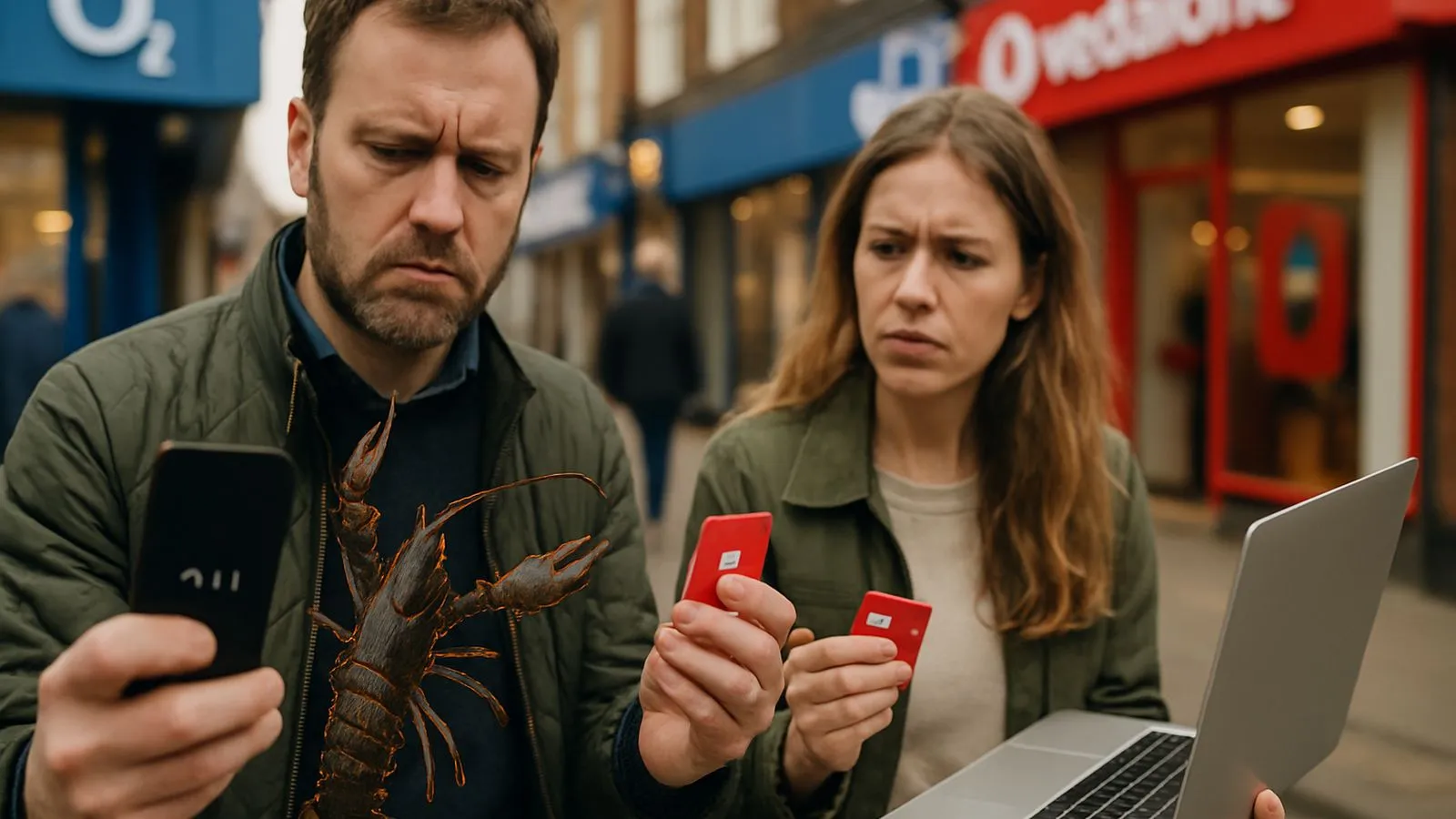 A man and woman look confused, holding a phone with a lobster, SIM cards, and a laptop.