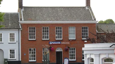 Interior of a Nationwide building society branch showing customer service counter and banking facilities