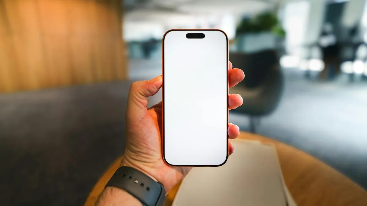 A hand holds a modern smartphone with a blank white screen, ready for content.