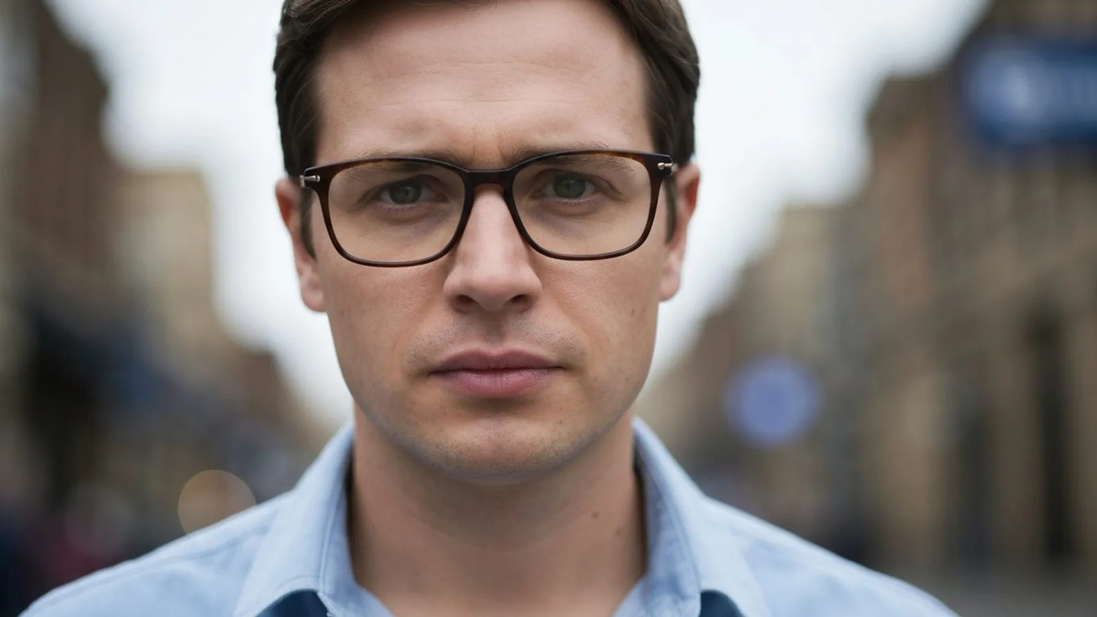 A man with short brown hair and glasses looks directly at the camera, wearing a light blue shirt.