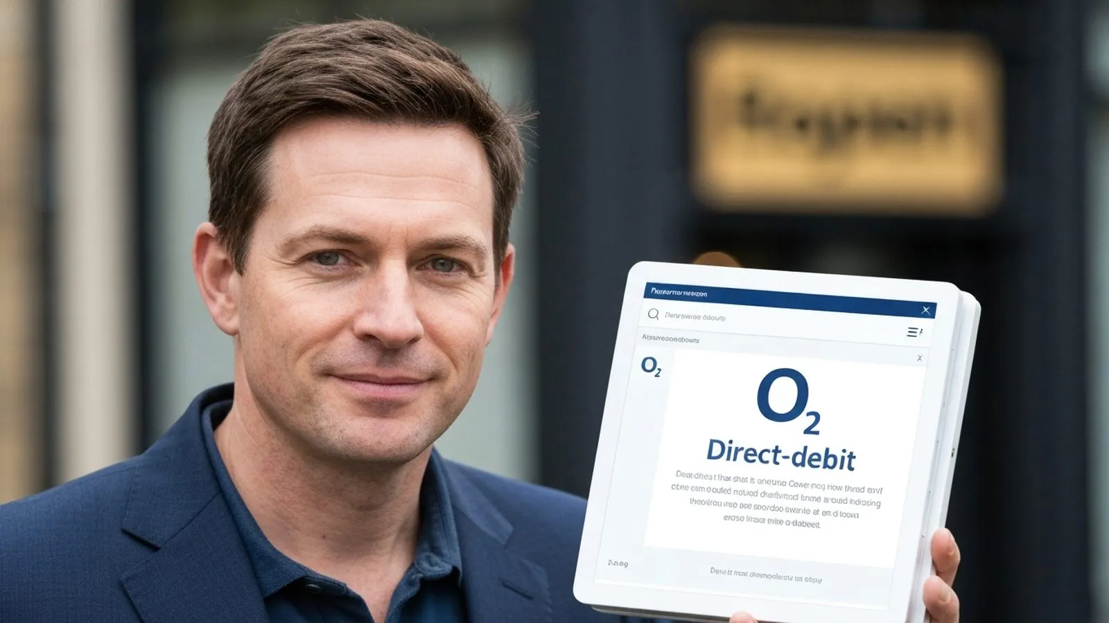 A man in a blue jacket smiles while holding a tablet displaying 'O2 Direct-debit' text.