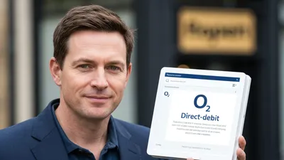 A man in a blue jacket smiles while holding a tablet displaying 'O2 Direct-debit' text.